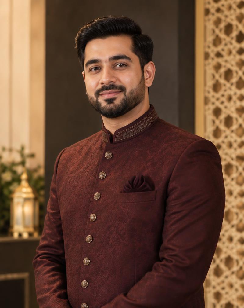 Man in elegant burgundy formal attire